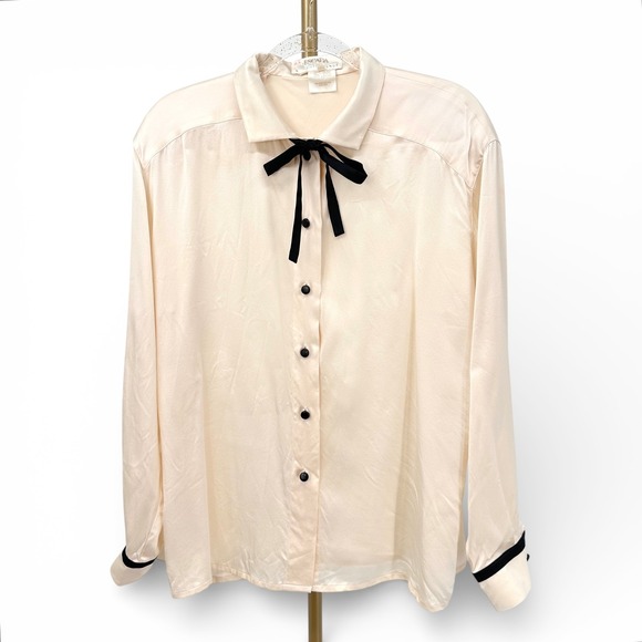 VTG Escada Saks Fifth Avenue Cream 100% Silk Bow Tie Blouse Shirt Sz 42 US 10-12